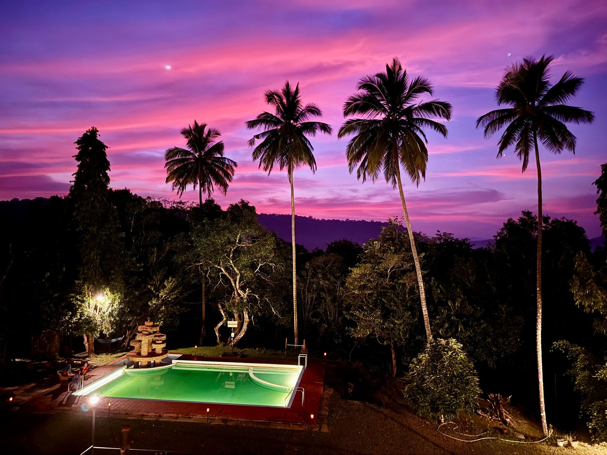 Big the Bungalow pool under a vivid purple and pink sunset sky, palm trees silhouetted
