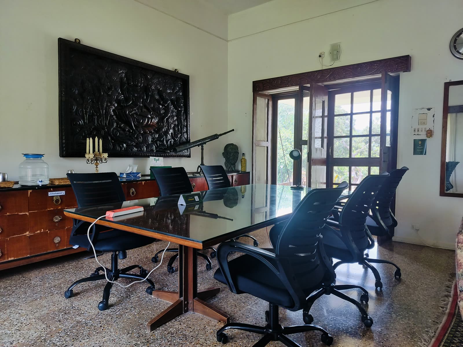 The coworking table, set up and ready