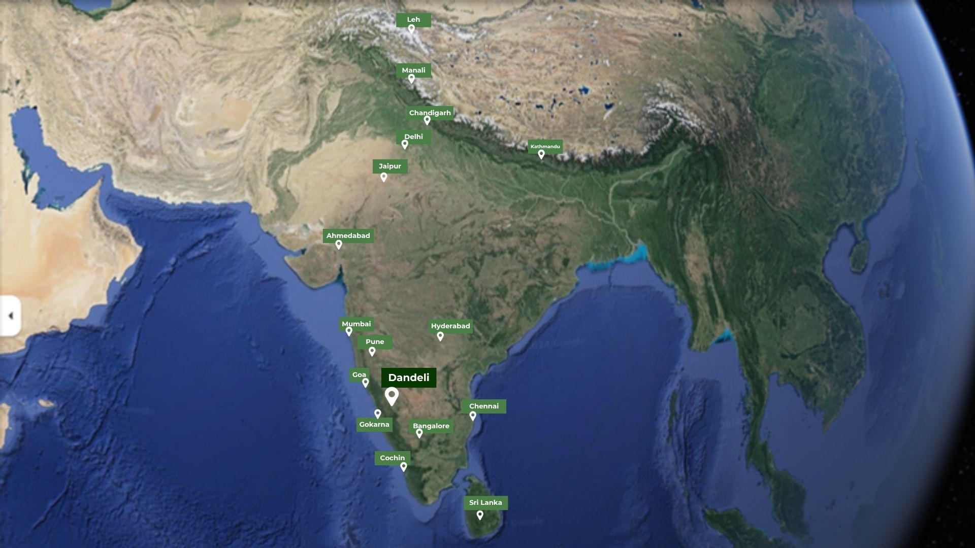 Map showing Dandeli's location in India relative to major cities