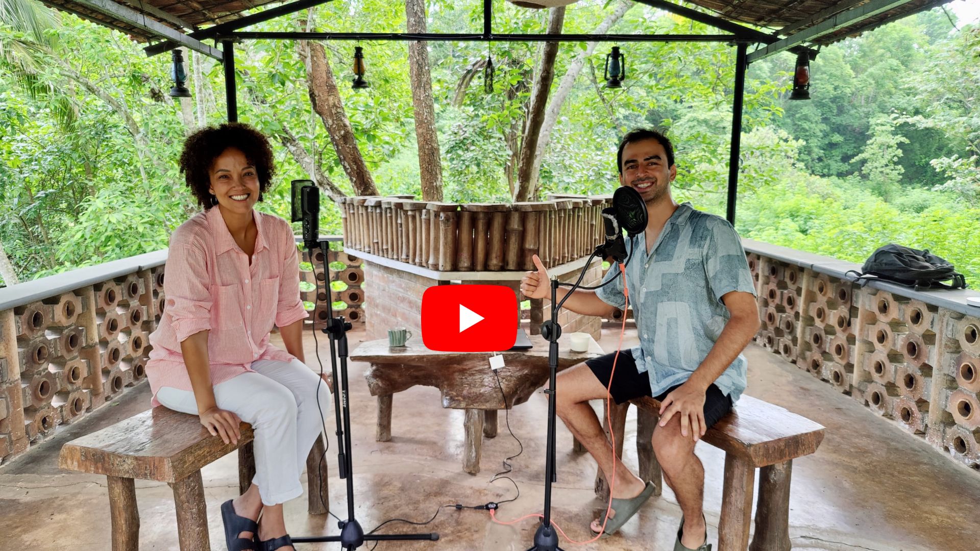 Recording a Jungli podcast episode in the riverside gazebo