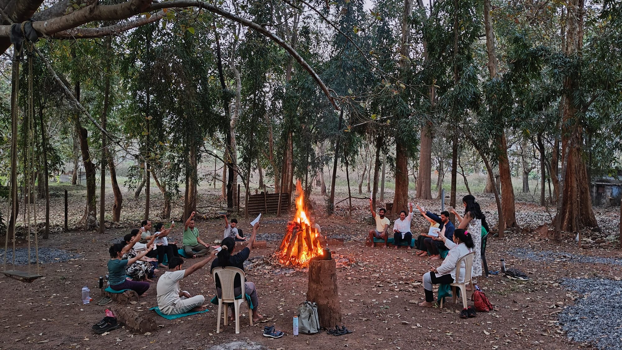 An evening bonfire circle in the forest